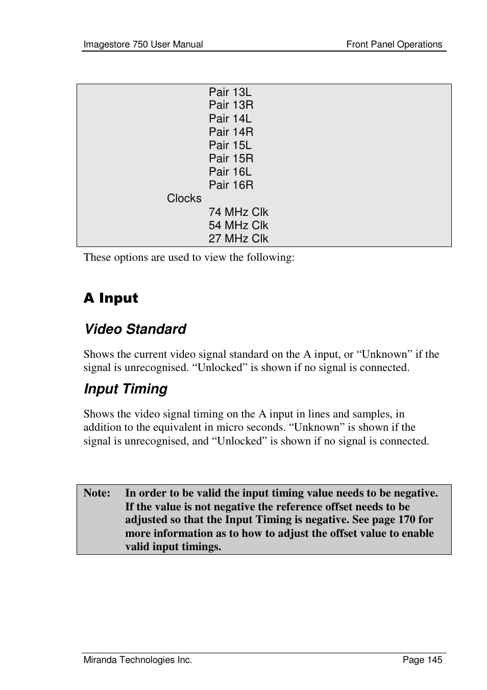 A input video standard, Input timing | Grass Valley Imagestore 750 v.2.0.1 User Manual | Page 145 / 421