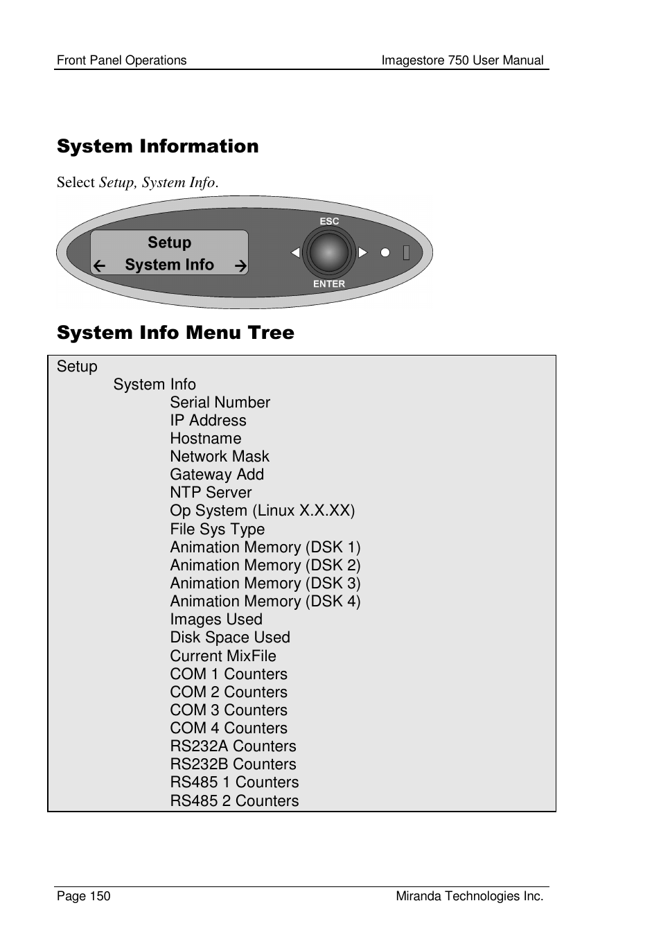System information, System info menu tree | Grass Valley Imagestore 750 v.2.0.1 User Manual | Page 150 / 421