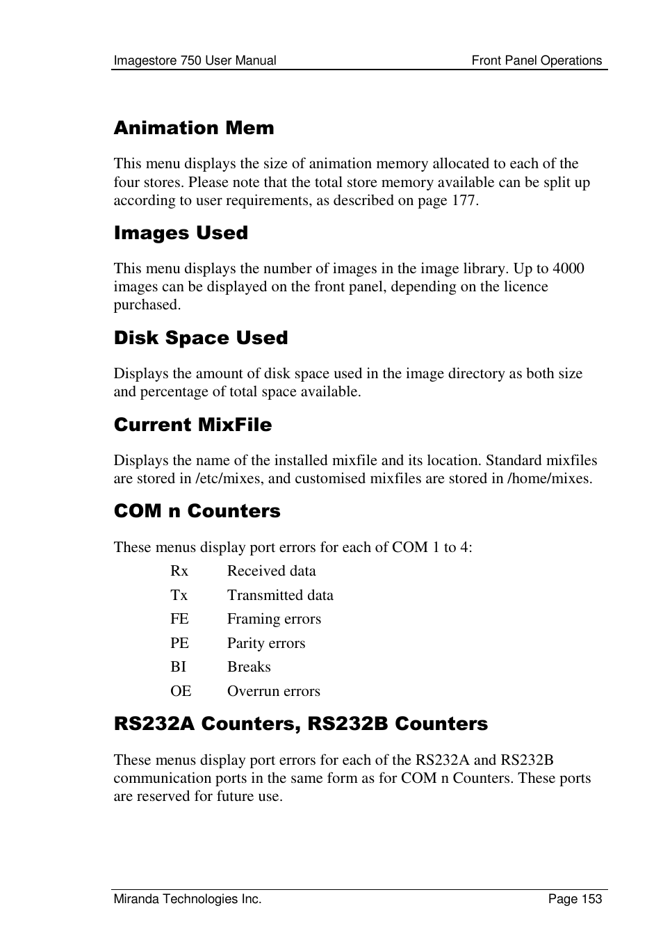 Animation mem, Images used, Disk space used | Current mixfile, Com n counters | Grass Valley Imagestore 750 v.2.0.1 User Manual | Page 153 / 421
