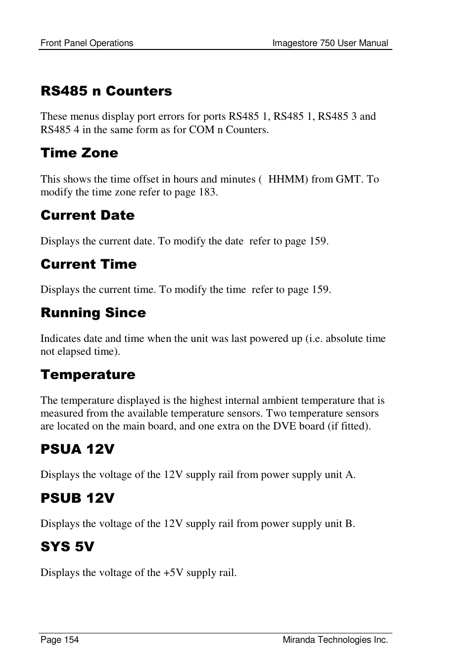 Rs485 n counters, Time zone, Current date | Current time, Running since, Temperature, Psua 12v, Psub 12v, Sys 5v | Grass Valley Imagestore 750 v.2.0.1 User Manual | Page 154 / 421