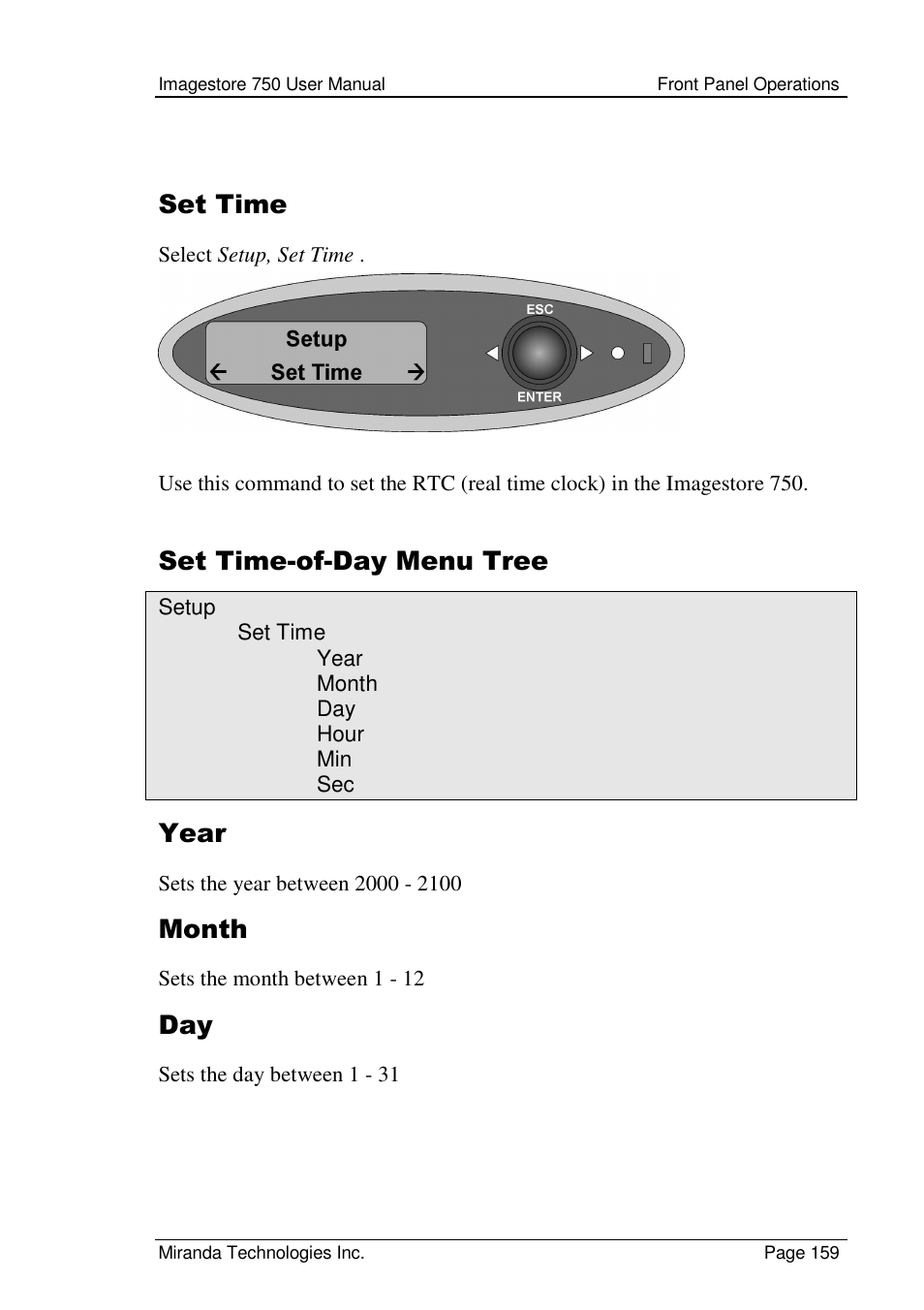 Set time, Set time-of-day menu tree, Year | Month | Grass Valley Imagestore 750 v.2.0.1 User Manual | Page 159 / 421