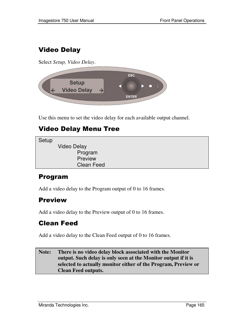 Video delay, Video delay menu tree, Program | Preview, Clean feed | Grass Valley Imagestore 750 v.2.0.1 User Manual | Page 165 / 421