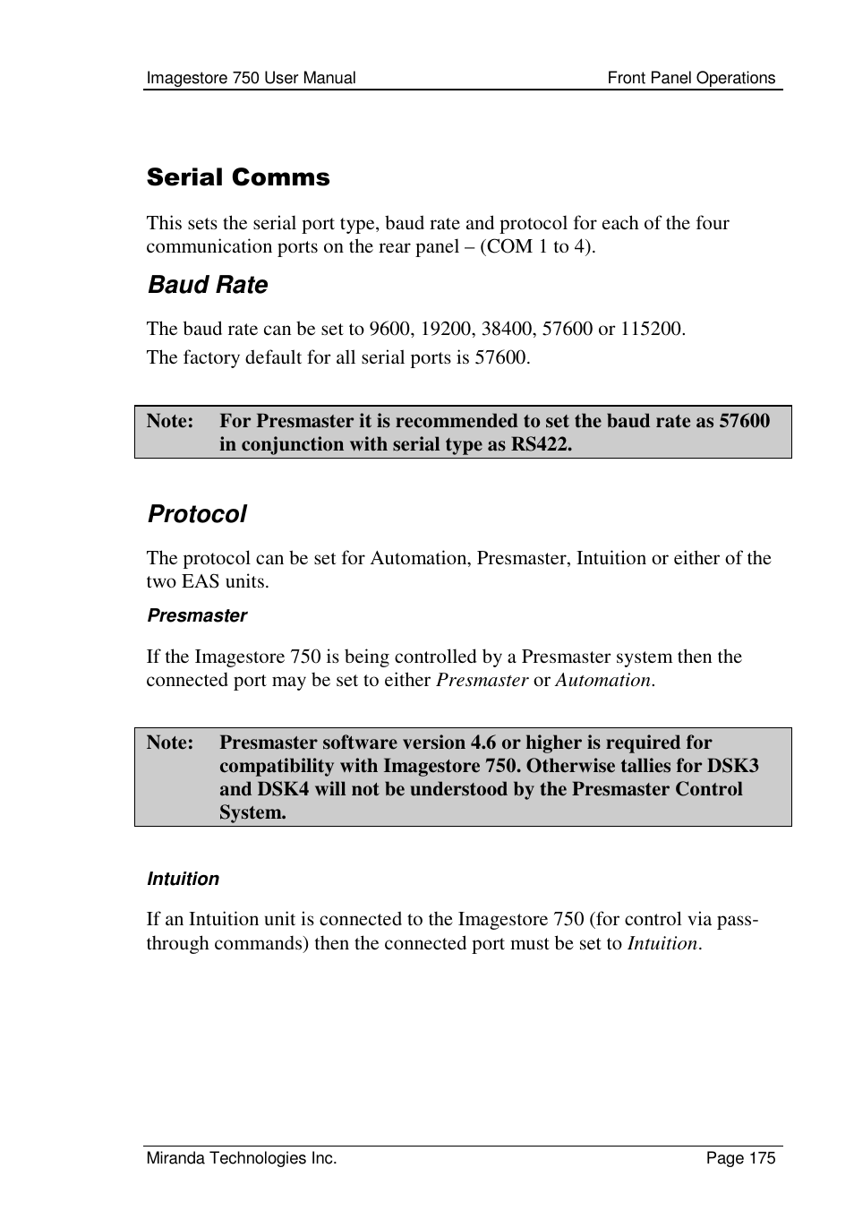 Serial comms, Baud rate, Protocol | Grass Valley Imagestore 750 v.2.0.1 User Manual | Page 175 / 421