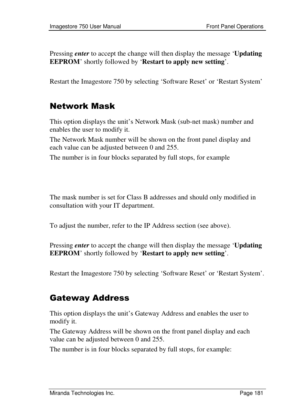 Network mask, Gateway address | Grass Valley Imagestore 750 v.2.0.1 User Manual | Page 181 / 421