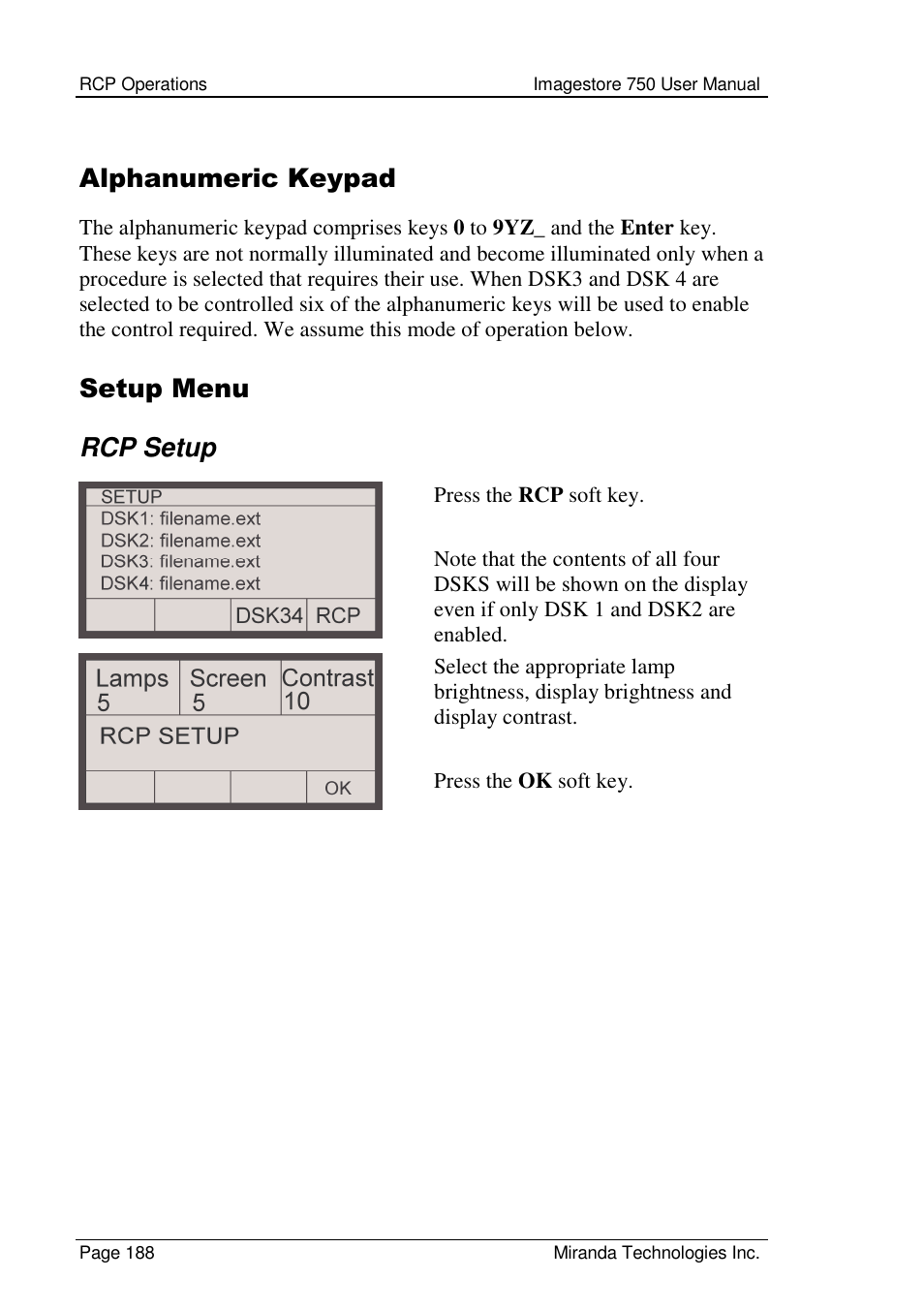 Alphanumeric keypad, Setup menu rcp setup | Grass Valley Imagestore 750 v.2.0.1 User Manual | Page 188 / 421