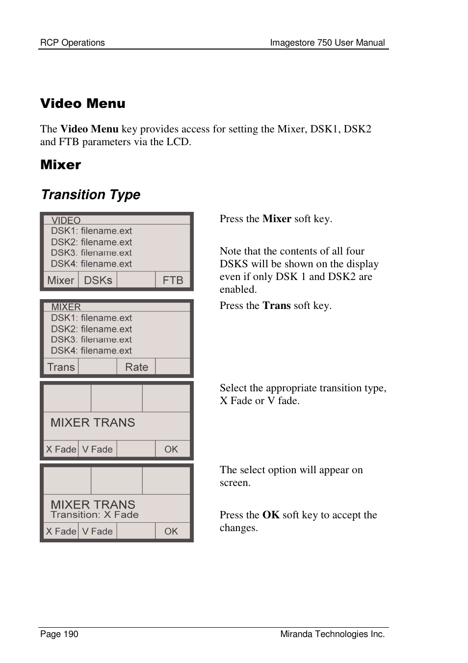 Video menu, Mixer transition type | Grass Valley Imagestore 750 v.2.0.1 User Manual | Page 190 / 421