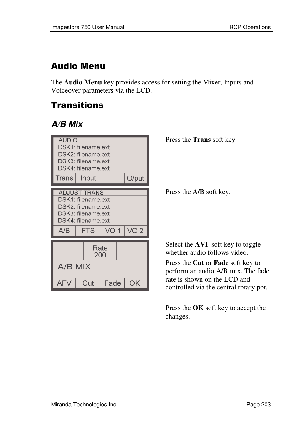 Audio menu, Transitions a/b mix | Grass Valley Imagestore 750 v.2.0.1 User Manual | Page 203 / 421