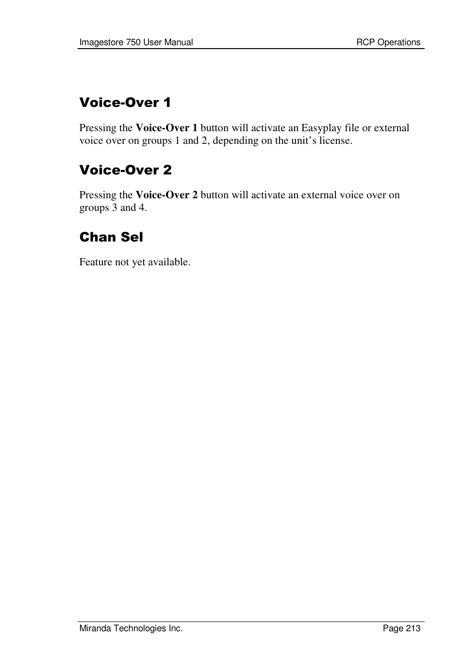 Voice-over 1, Voice-over 2, Chan sel | Grass Valley Imagestore 750 v.2.0.1 User Manual | Page 213 / 421