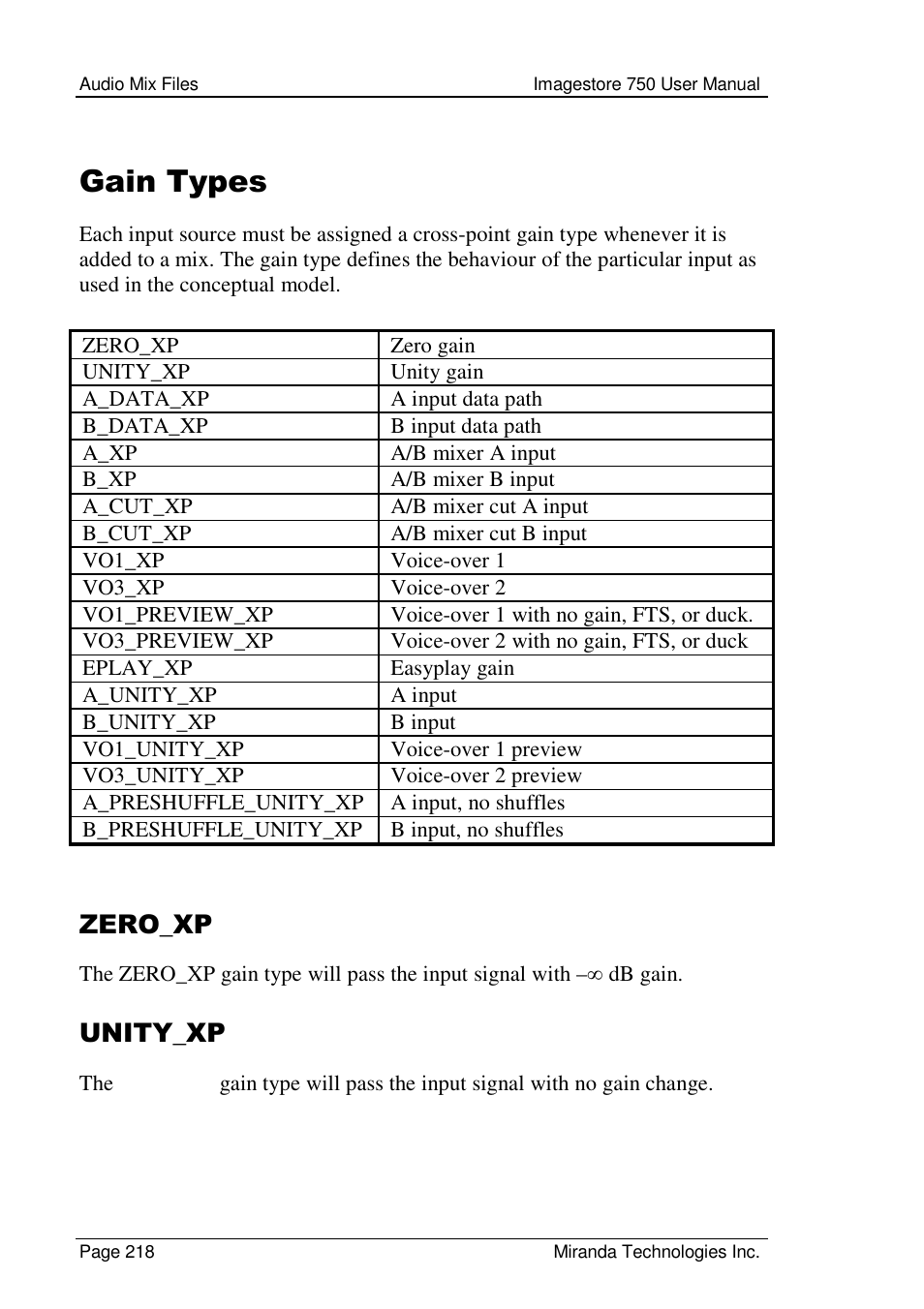 Gain types, Zero_xp, Unity_xp | Grass Valley Imagestore 750 v.2.0.1 User Manual | Page 218 / 421