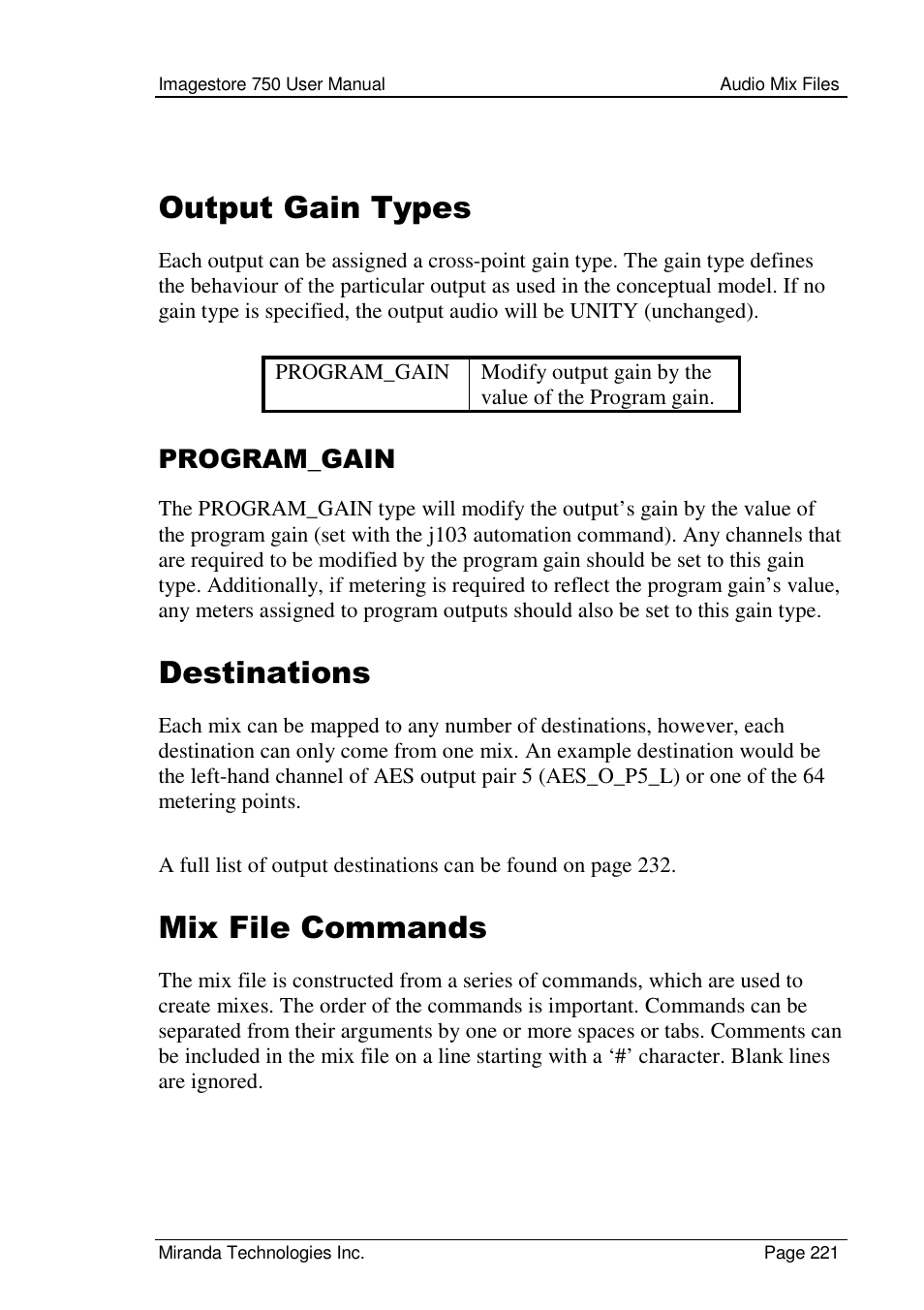 Output gain types, Destinations, Mix file commands | Program_gain | Grass Valley Imagestore 750 v.2.0.1 User Manual | Page 221 / 421