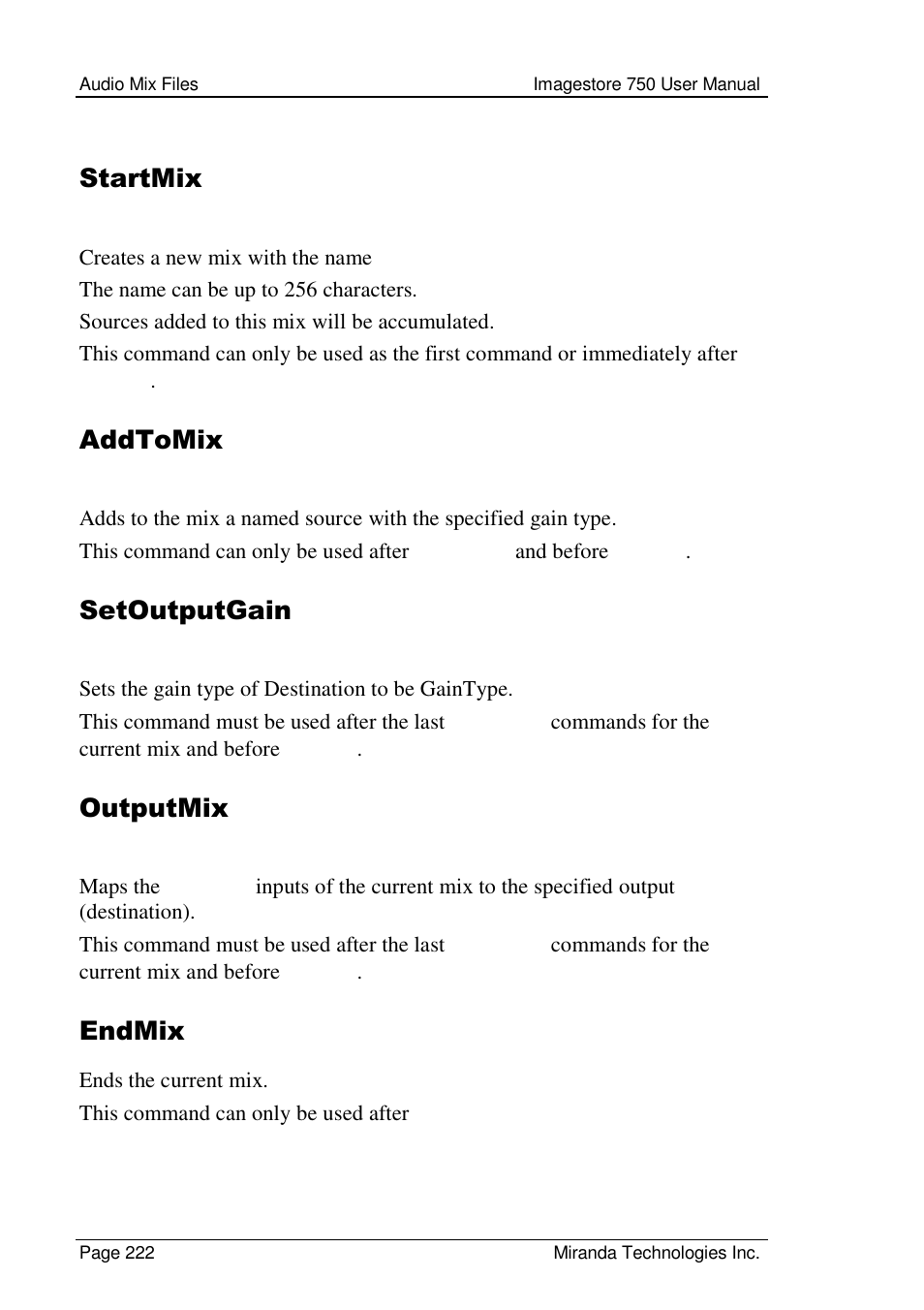 Startmix, Addtomix, Setoutputgain | Outputmix, Endmix | Grass Valley Imagestore 750 v.2.0.1 User Manual | Page 222 / 421