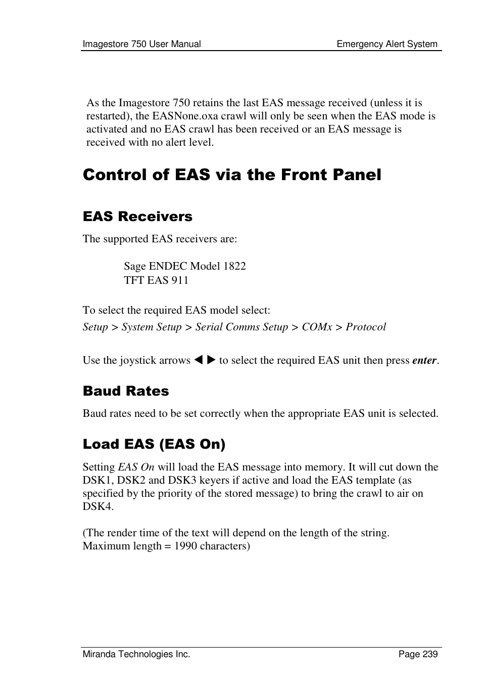 Control of eas via the front panel, Eas receivers, Baud rates | Load eas (eas on) | Grass Valley Imagestore 750 v.2.0.1 User Manual | Page 239 / 421