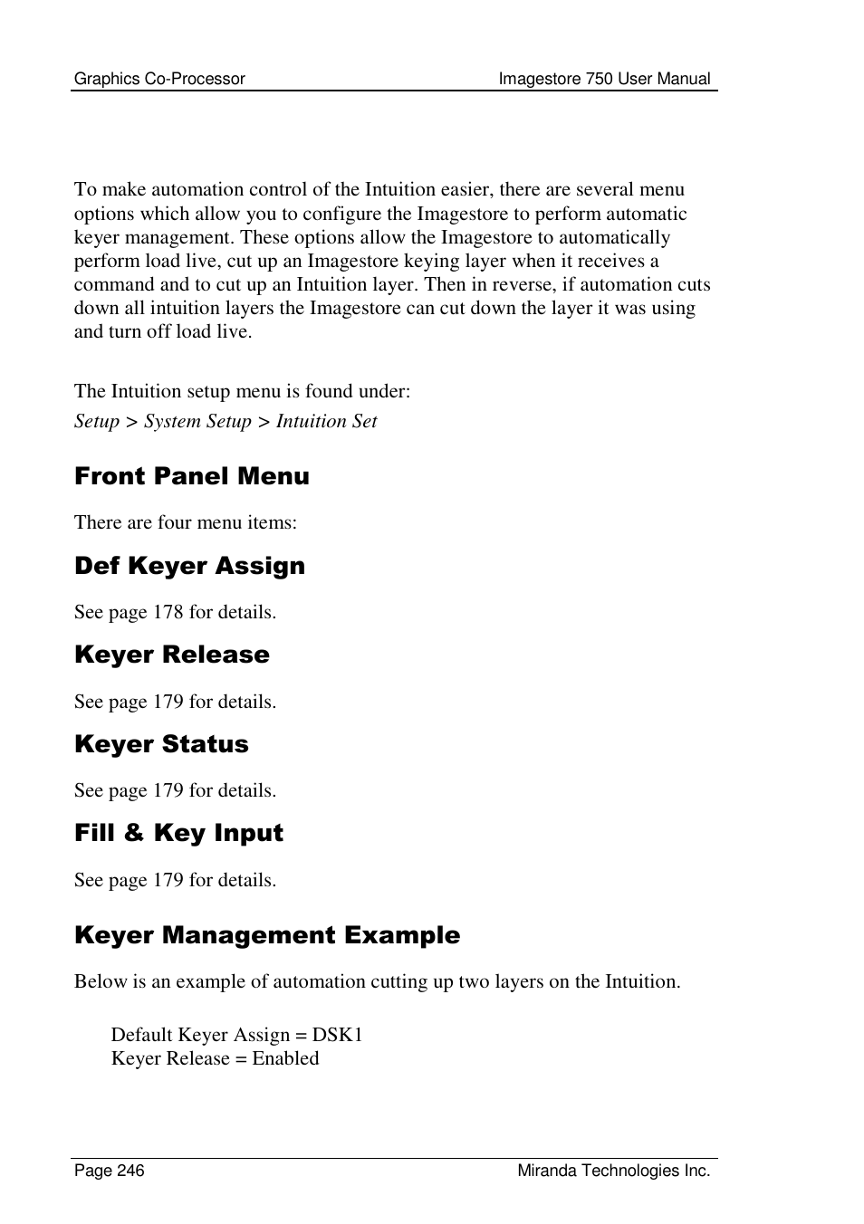 Front panel menu, Def keyer assign, Keyer release | Keyer status, Fill & key input, Keyer management example | Grass Valley Imagestore 750 v.2.0.1 User Manual | Page 246 / 421