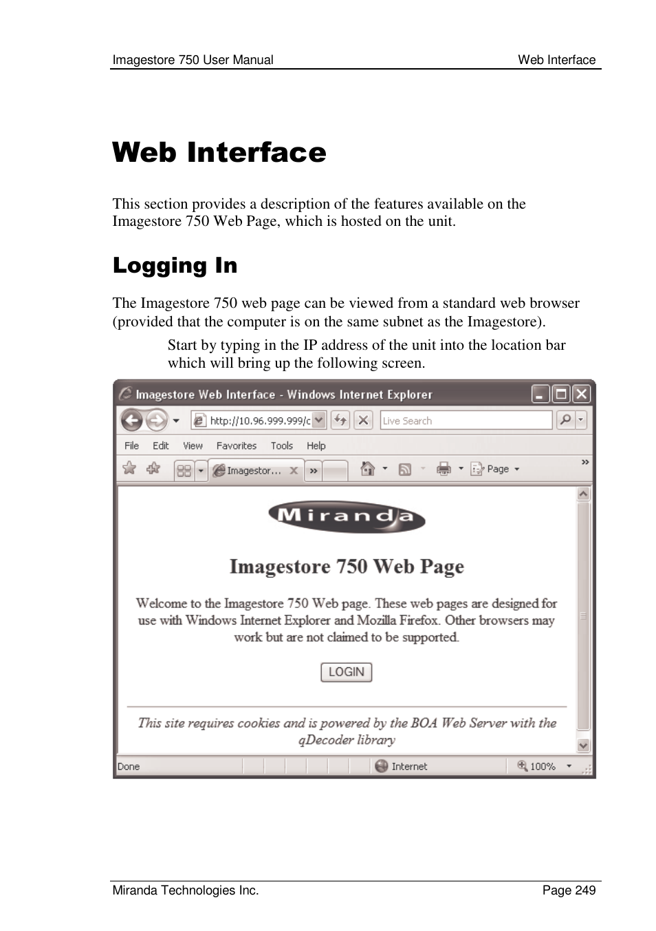 Web interface, Logging in | Grass Valley Imagestore 750 v.2.0.1 User Manual | Page 249 / 421