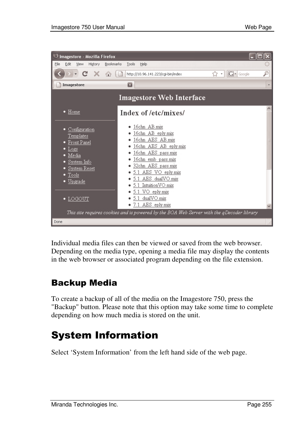System information, Backup media | Grass Valley Imagestore 750 v.2.0.1 User Manual | Page 255 / 421