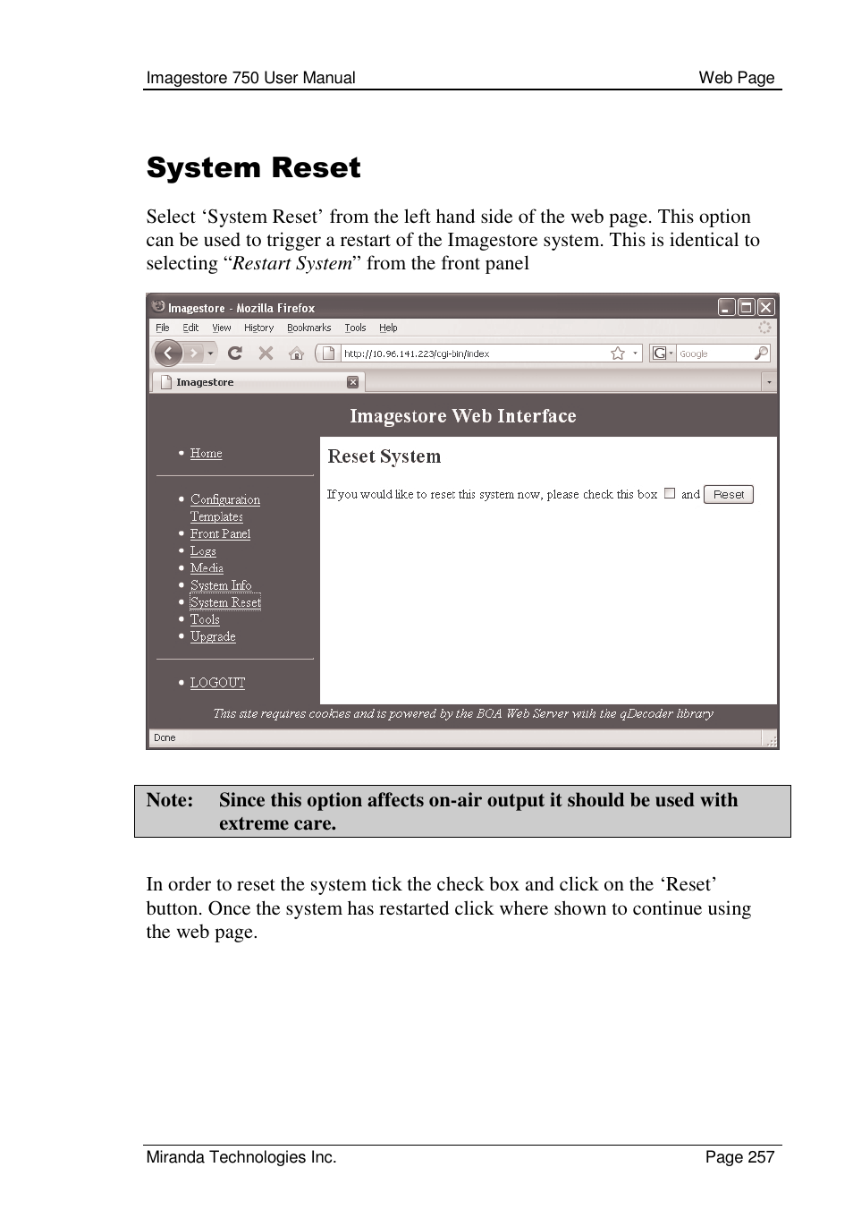 System reset | Grass Valley Imagestore 750 v.2.0.1 User Manual | Page 257 / 421