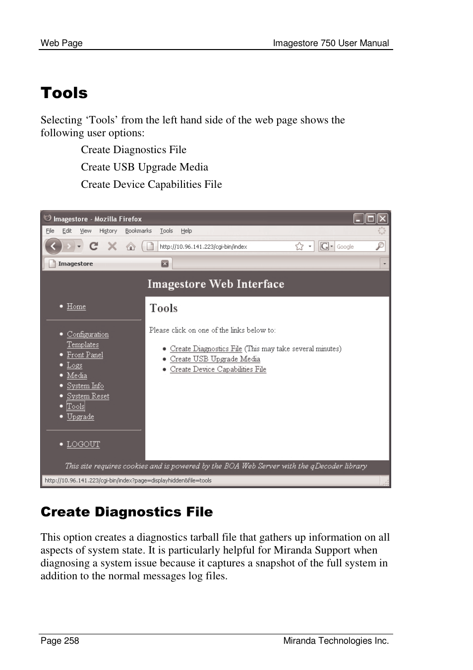 Tools, Create diagnostics file | Grass Valley Imagestore 750 v.2.0.1 User Manual | Page 258 / 421