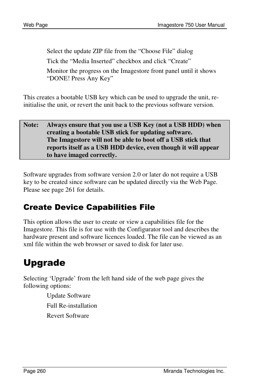 Upgrade, Create device capabilities file | Grass Valley Imagestore 750 v.2.0.1 User Manual | Page 260 / 421