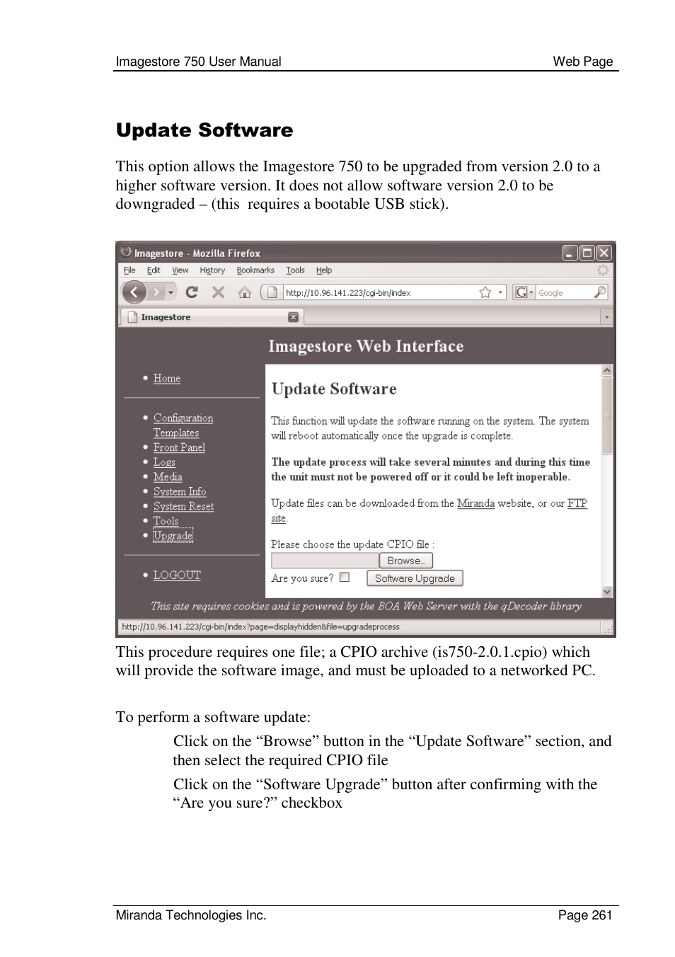 Update software | Grass Valley Imagestore 750 v.2.0.1 User Manual | Page 261 / 421