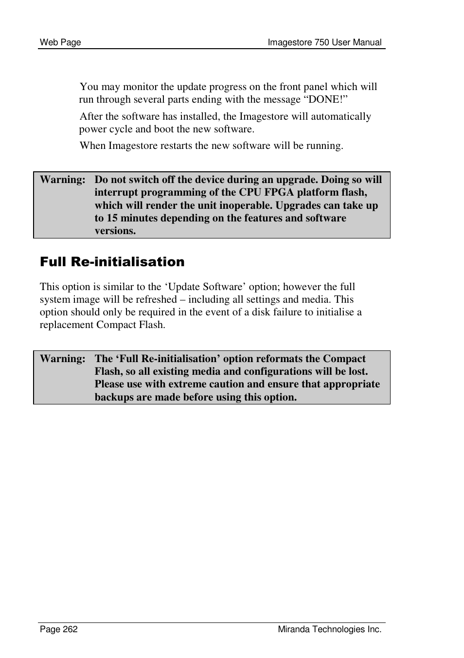 Full re-initialisation | Grass Valley Imagestore 750 v.2.0.1 User Manual | Page 262 / 421