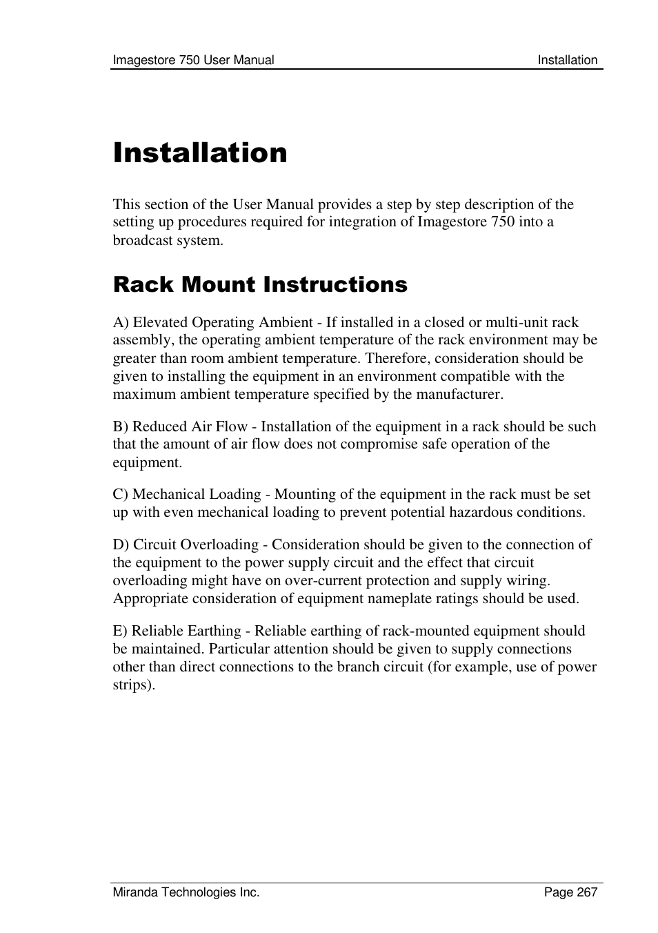 Installation, Rack mount instructions | Grass Valley Imagestore 750 v.2.0.1 User Manual | Page 267 / 421