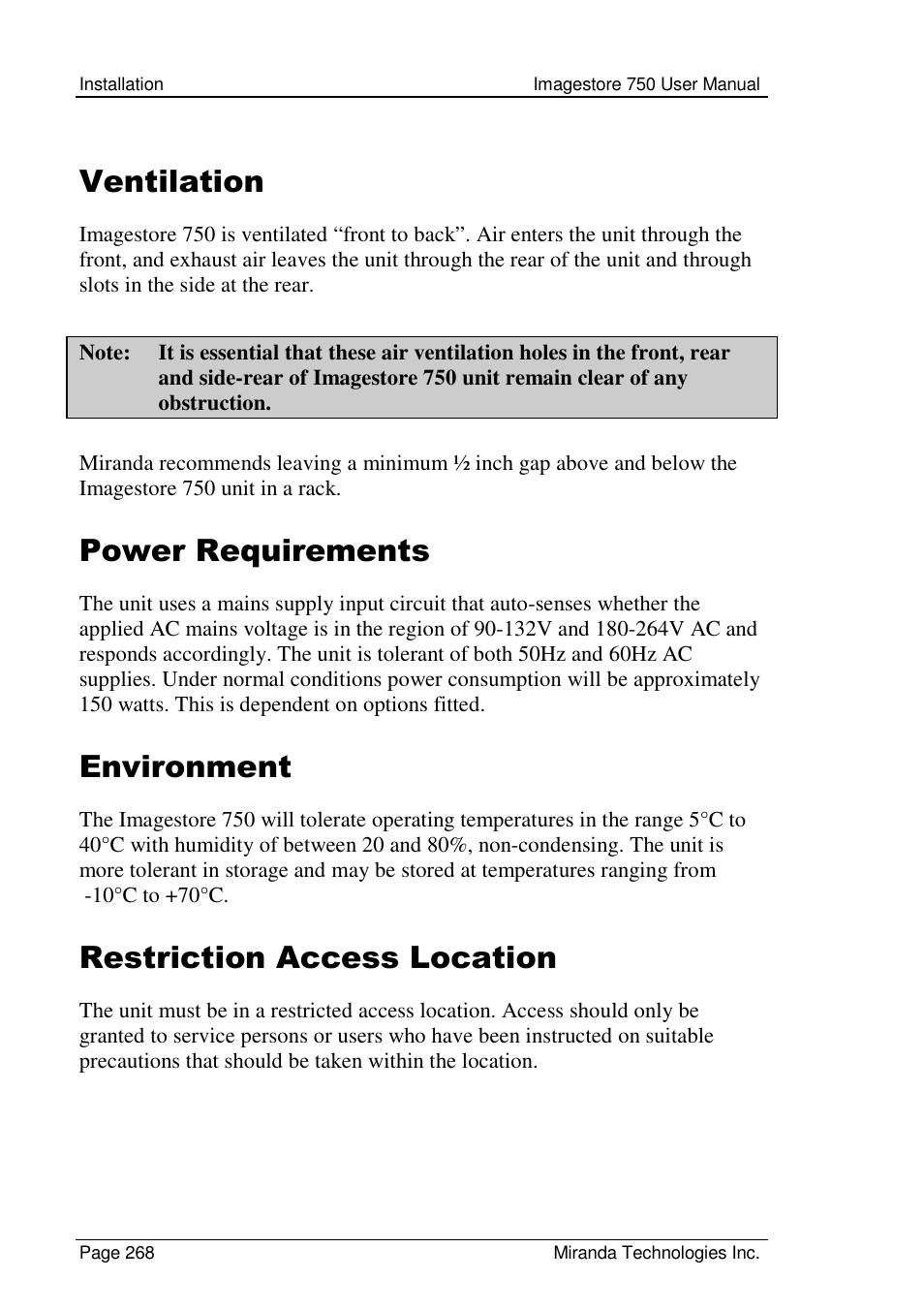 Ventilation, Power requirements, Environment | Restriction access location | Grass Valley Imagestore 750 v.2.0.1 User Manual | Page 268 / 421