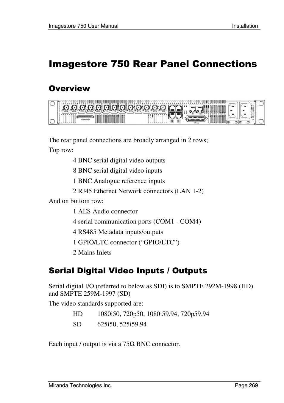 Imagestore 750 rear panel connections, Overview, Serial digital video inputs / outputs | Grass Valley Imagestore 750 v.2.0.1 User Manual | Page 269 / 421