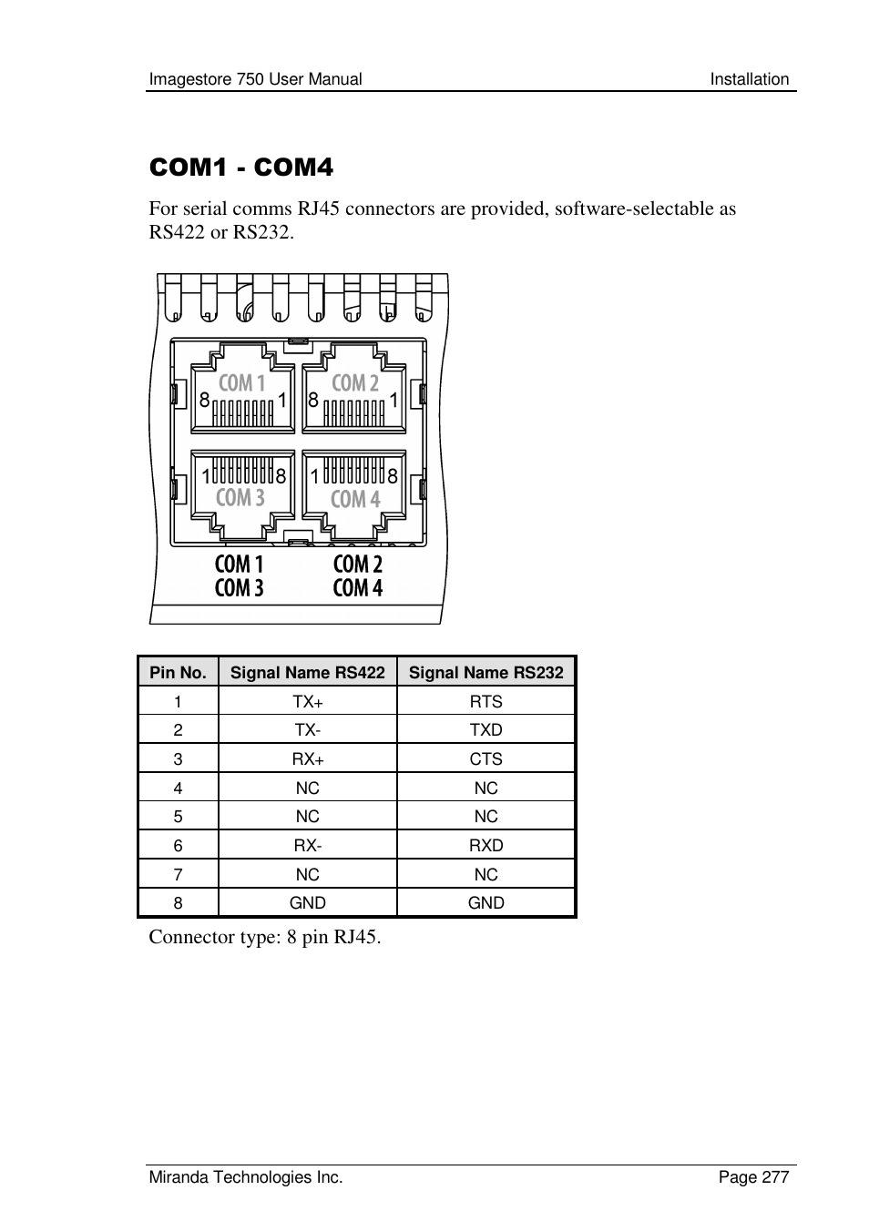 Com1 - com4 | Grass Valley Imagestore 750 v.2.0.1 User Manual | Page 277 / 421