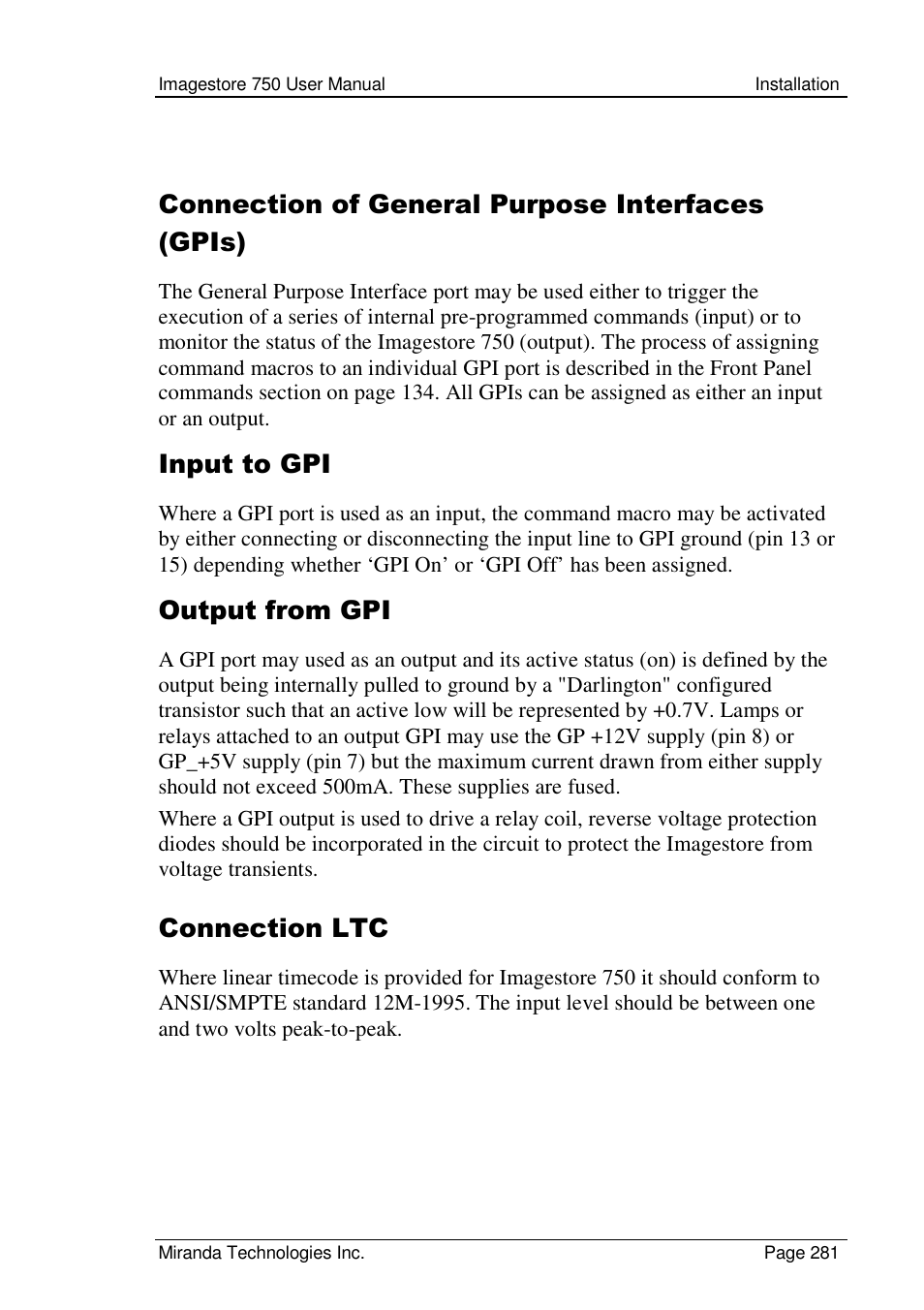 Connection of general purpose interfaces (gpis), Input to gpi, Output from gpi | Connection ltc | Grass Valley Imagestore 750 v.2.0.1 User Manual | Page 281 / 421