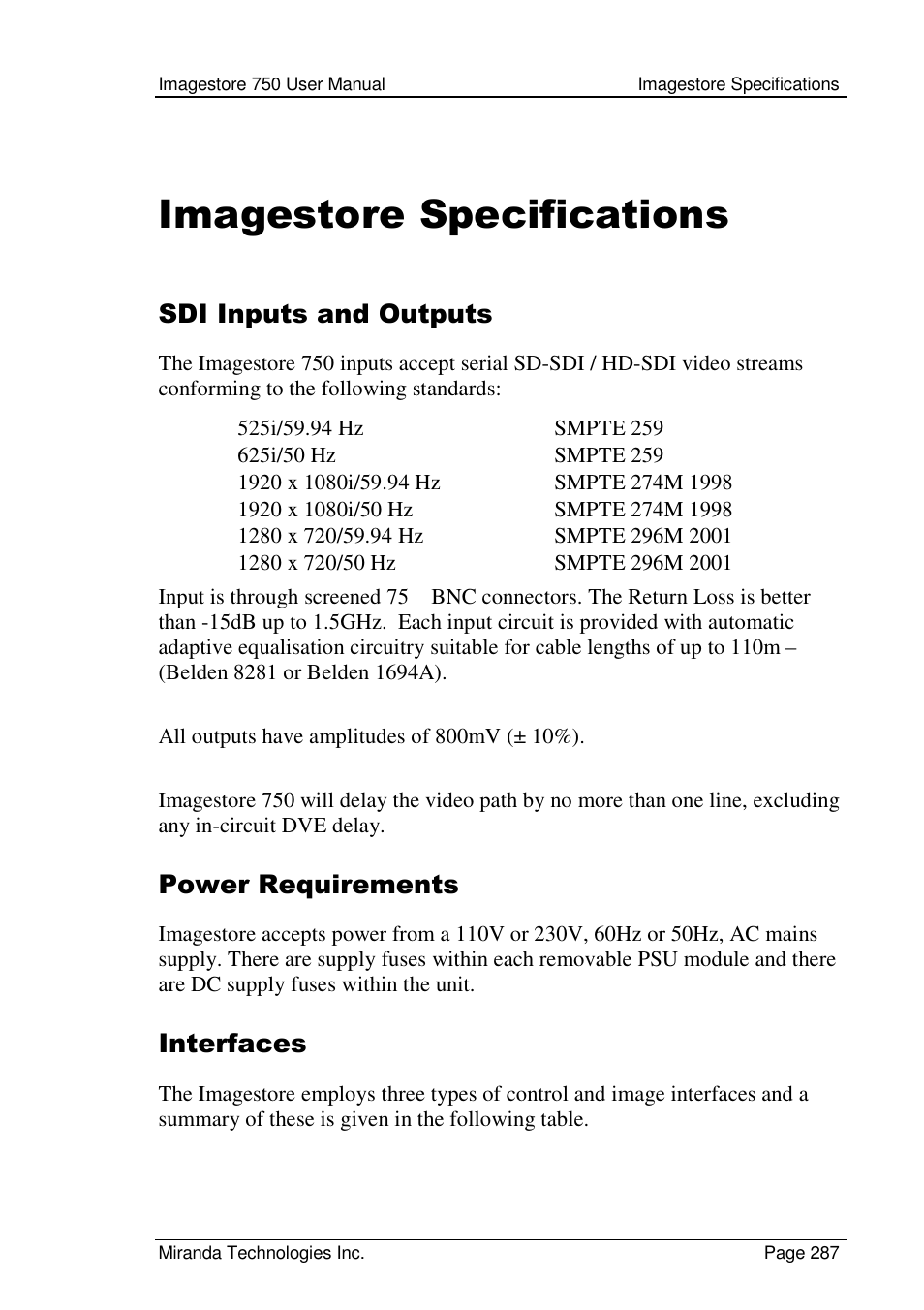 Imagestore specifications, Sdi inputs and outputs, Power requirements | Interfaces | Grass Valley Imagestore 750 v.2.0.1 User Manual | Page 287 / 421