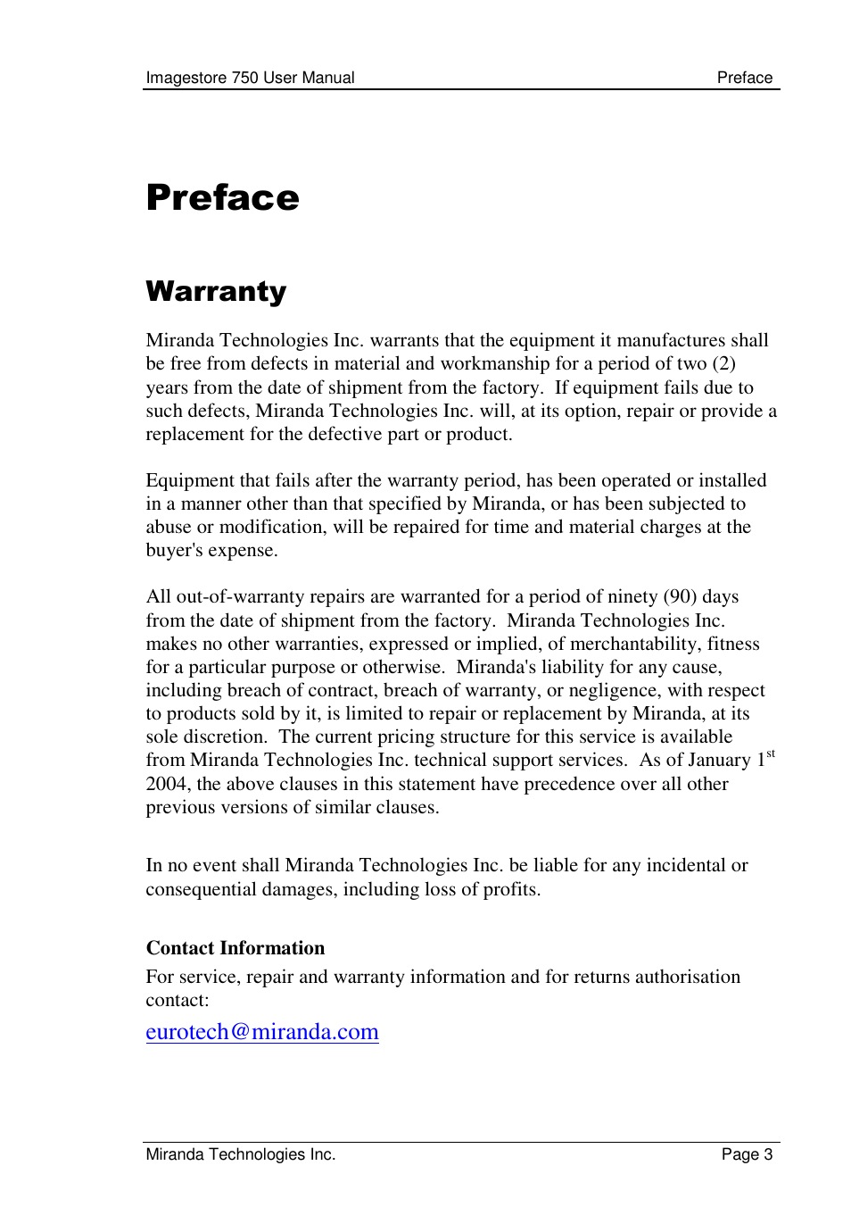 Preface, Warranty | Grass Valley Imagestore 750 v.2.0.1 User Manual | Page 3 / 421