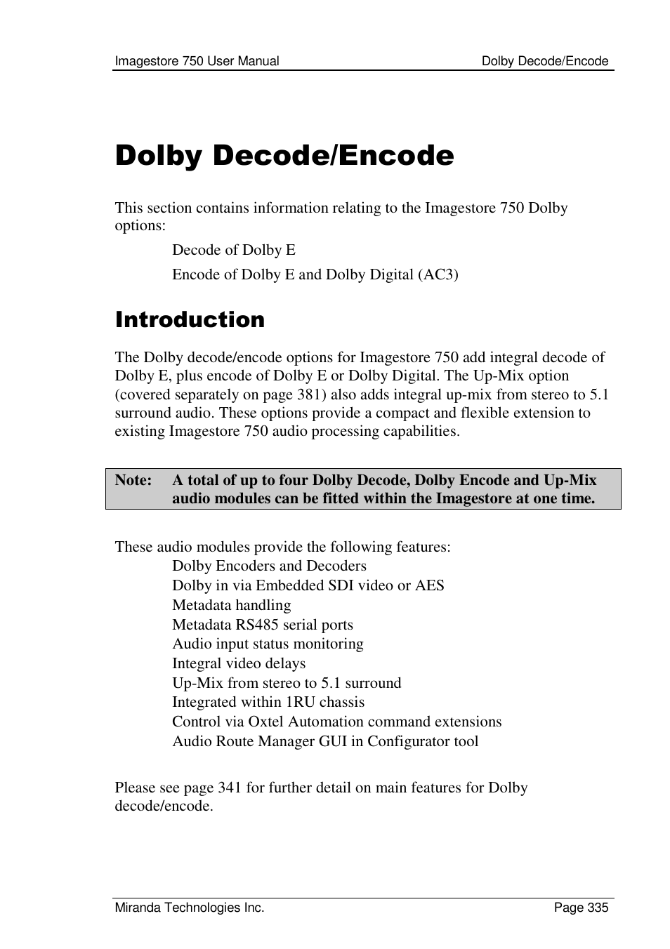 Dolby decode/encode, Introduction | Grass Valley Imagestore 750 v.2.0.1 User Manual | Page 335 / 421
