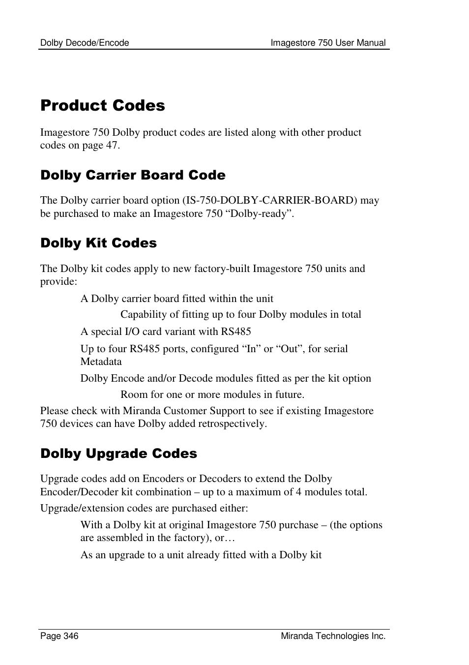 Product codes, Dolby carrier board code, Dolby kit codes | Dolby upgrade codes | Grass Valley Imagestore 750 v.2.0.1 User Manual | Page 346 / 421