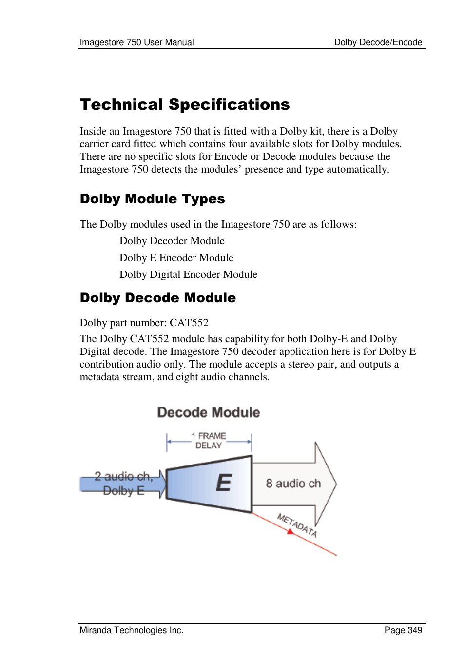 Technical specifications, Dolby module types, Dolby decode module | Grass Valley Imagestore 750 v.2.0.1 User Manual | Page 349 / 421