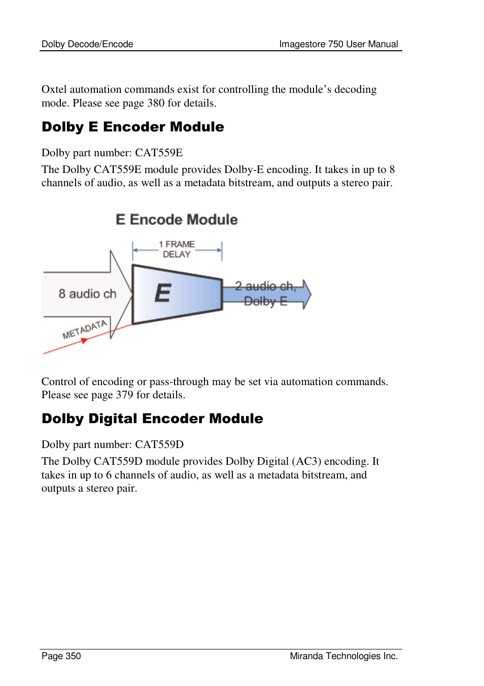Dolby e encoder module, Dolby digital encoder module | Grass Valley Imagestore 750 v.2.0.1 User Manual | Page 350 / 421