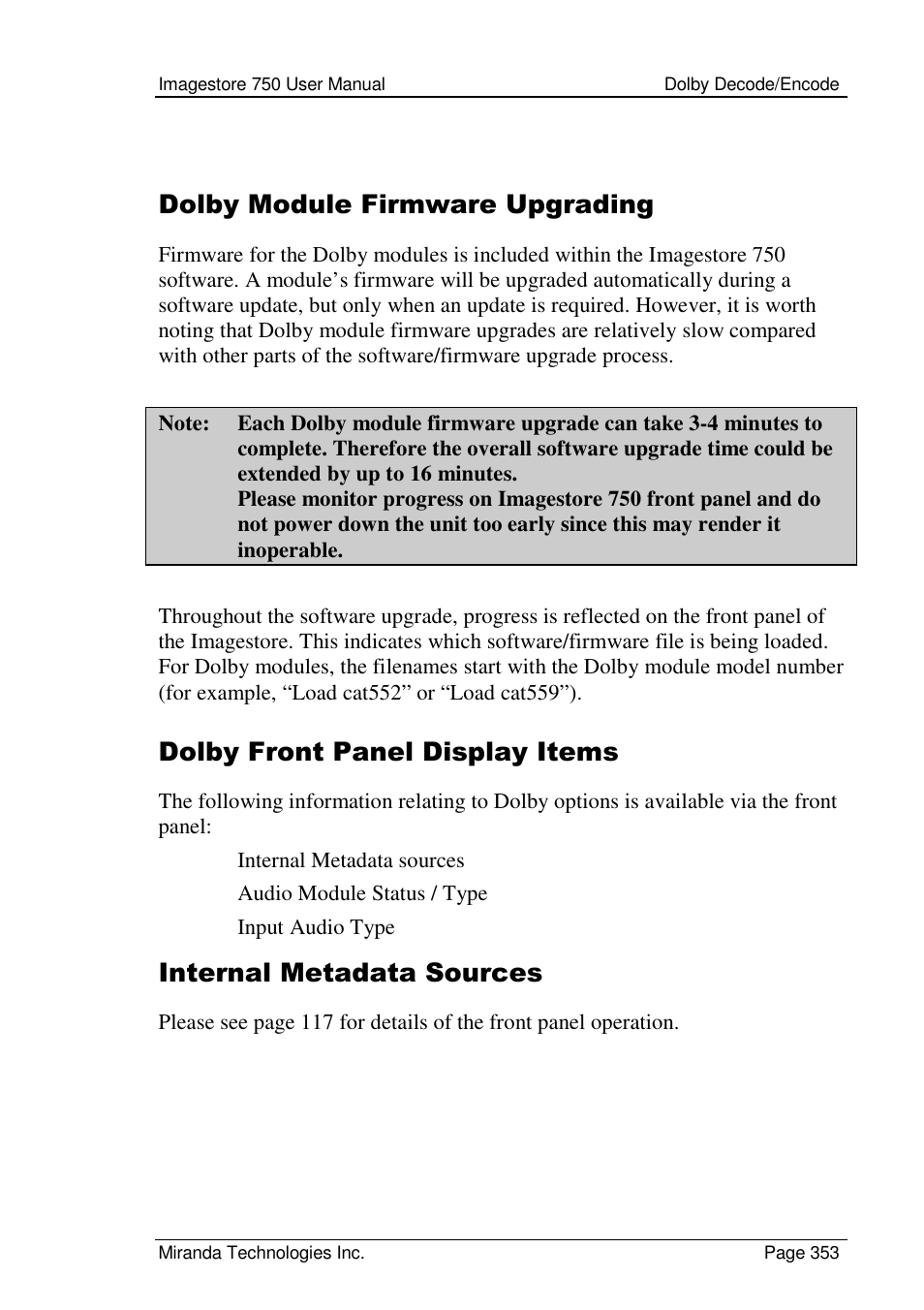 Dolby module firmware upgrading, Dolby front panel display items, Internal metadata sources | Grass Valley Imagestore 750 v.2.0.1 User Manual | Page 353 / 421