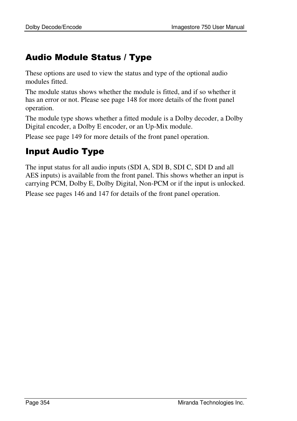 Audio module status / type, Input audio type | Grass Valley Imagestore 750 v.2.0.1 User Manual | Page 354 / 421