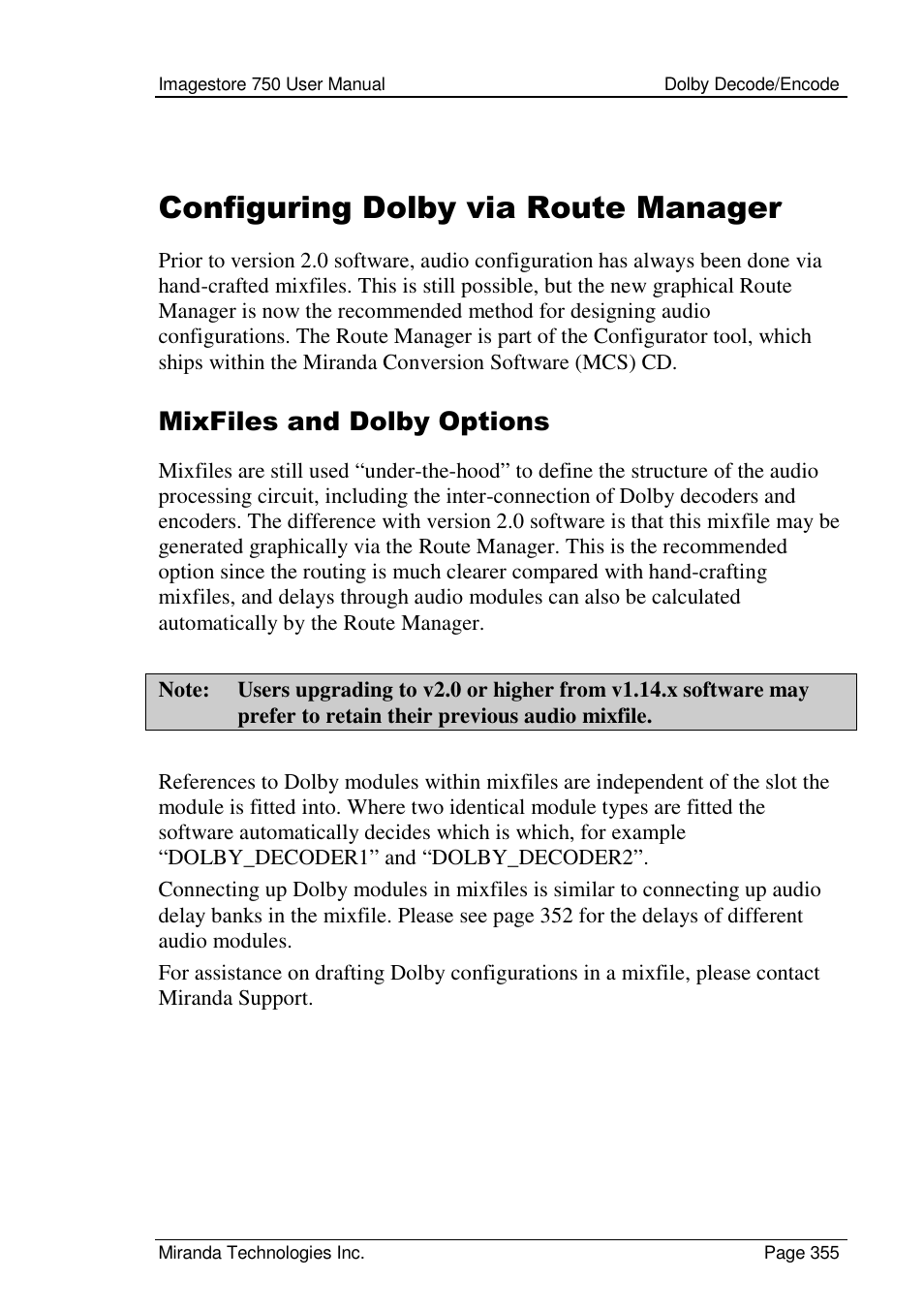 Configuring dolby via route manager, Mixfiles and dolby options | Grass Valley Imagestore 750 v.2.0.1 User Manual | Page 355 / 421