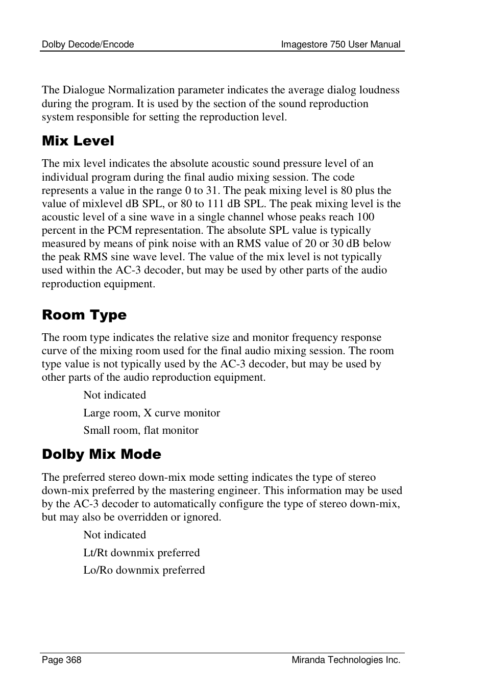 Mix level, Room type, Dolby mix mode | Grass Valley Imagestore 750 v.2.0.1 User Manual | Page 368 / 421