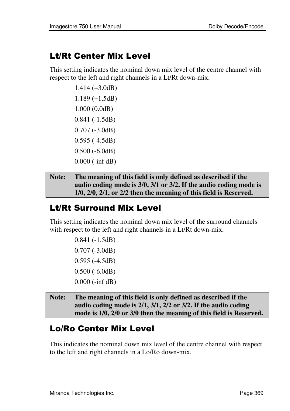 Lt/rt center mix level, Lt/rt surround mix level, Lo/ro center mix level | Grass Valley Imagestore 750 v.2.0.1 User Manual | Page 369 / 421