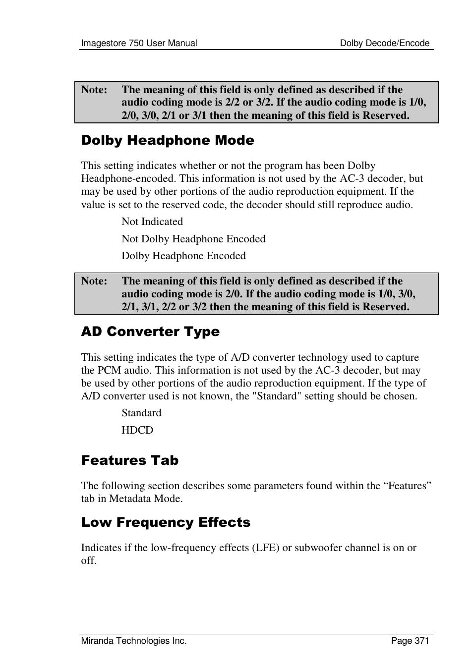 Dolby headphone mode, Ad converter type, Features tab | Low frequency effects | Grass Valley Imagestore 750 v.2.0.1 User Manual | Page 371 / 421