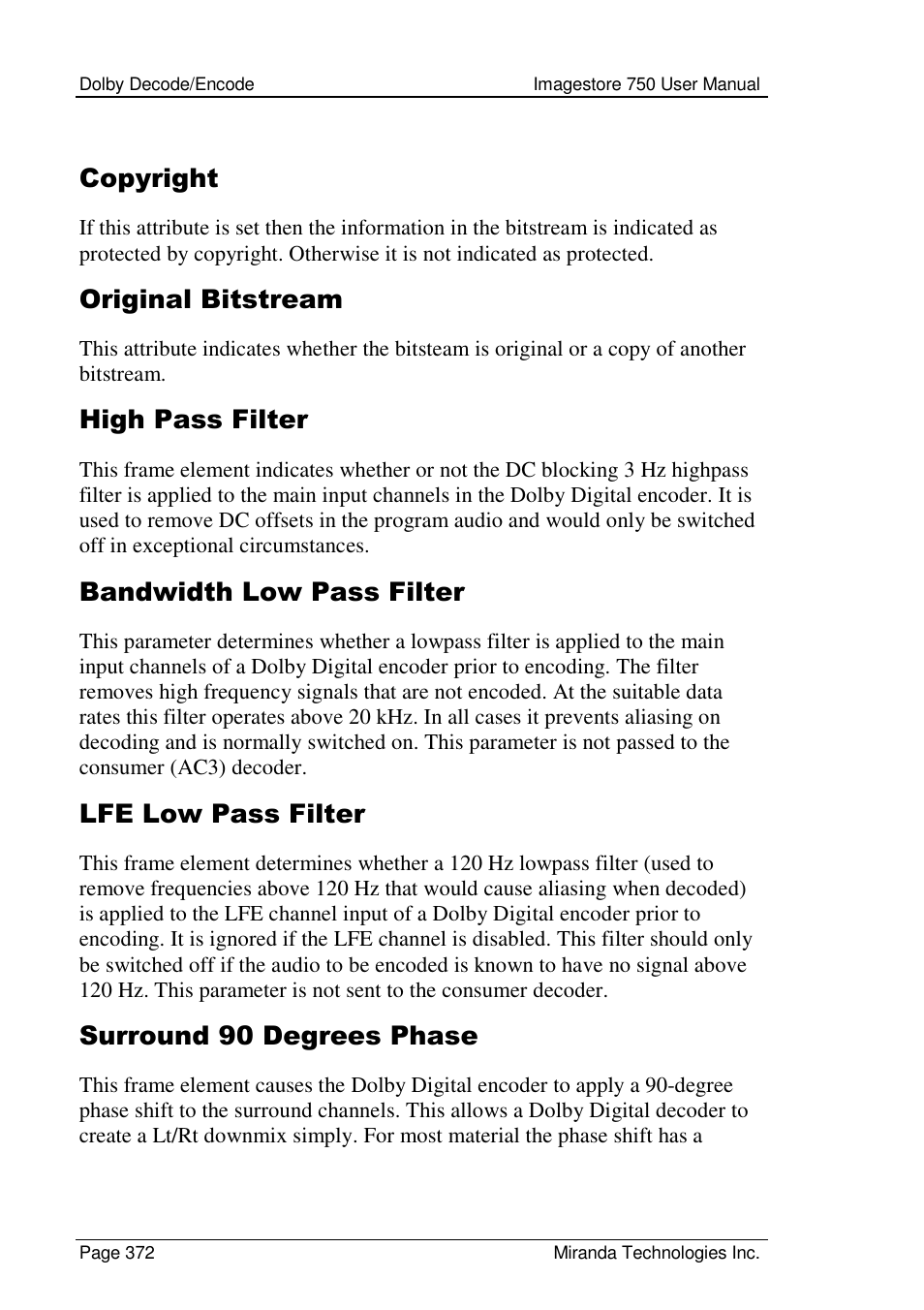 Copyright, Original bitstream, High pass filter | Bandwidth low pass filter, Lfe low pass filter, Surround 90 degrees phase | Grass Valley Imagestore 750 v.2.0.1 User Manual | Page 372 / 421