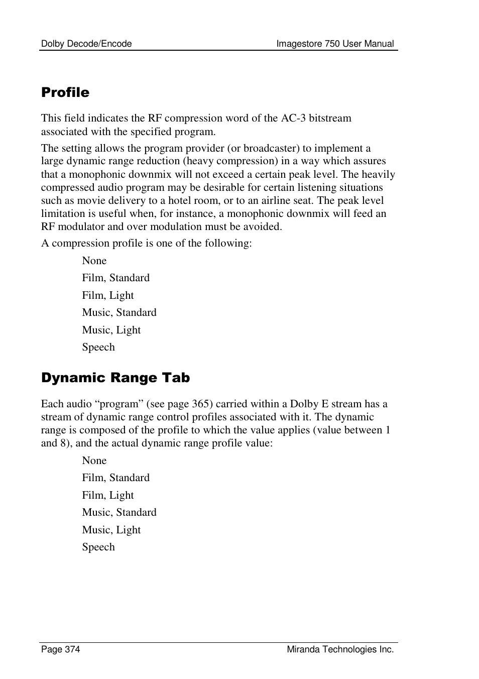 Profile, Dynamic range tab | Grass Valley Imagestore 750 v.2.0.1 User Manual | Page 374 / 421