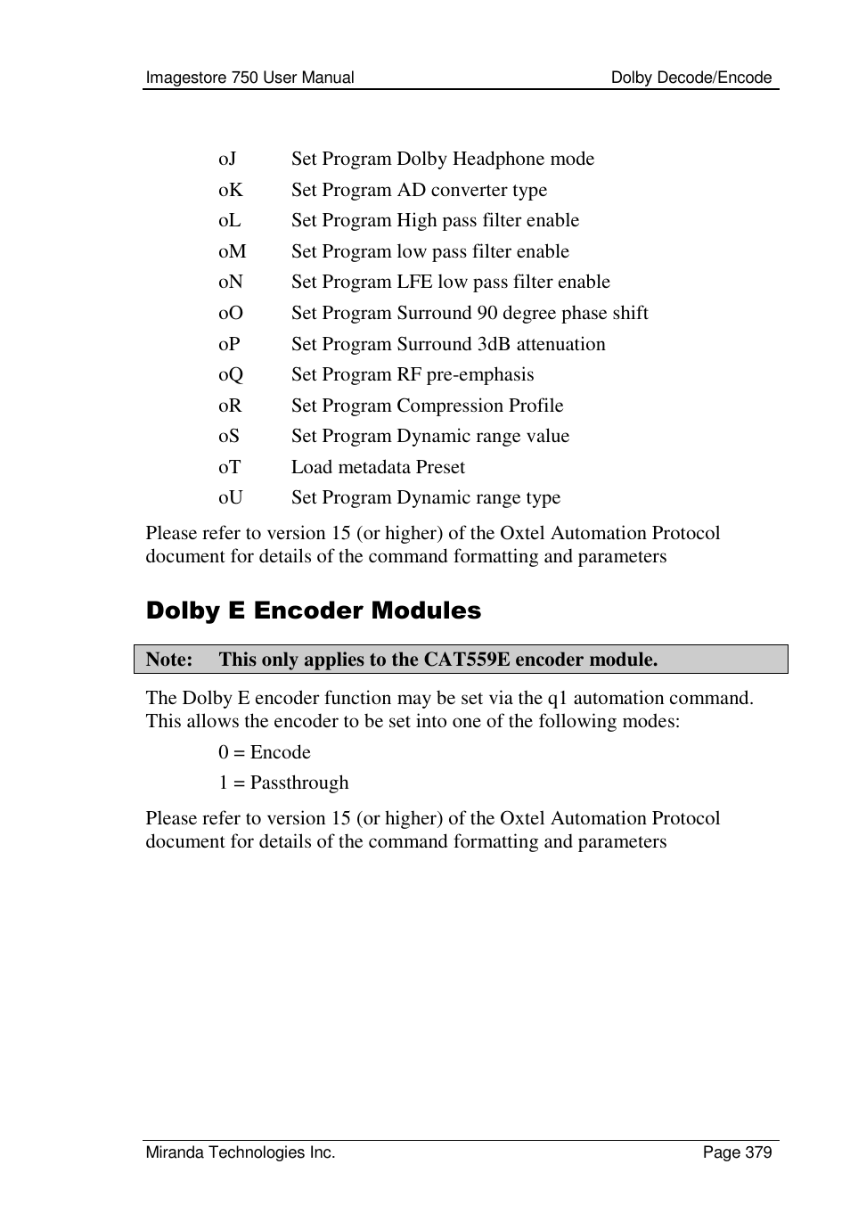 Dolby e encoder modules | Grass Valley Imagestore 750 v.2.0.1 User Manual | Page 379 / 421