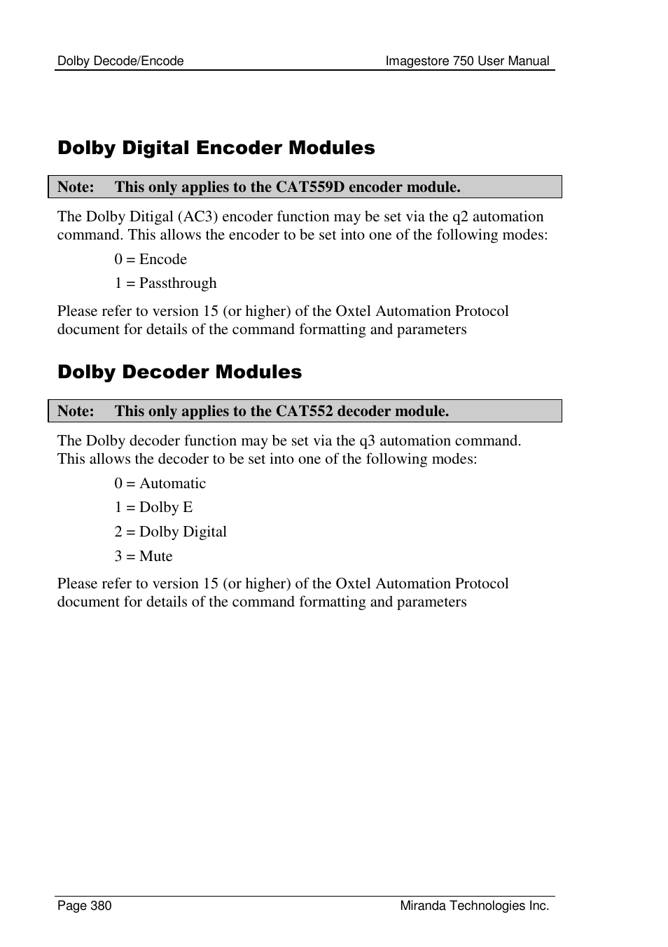Dolby digital encoder modules, Dolby decoder modules | Grass Valley Imagestore 750 v.2.0.1 User Manual | Page 380 / 421