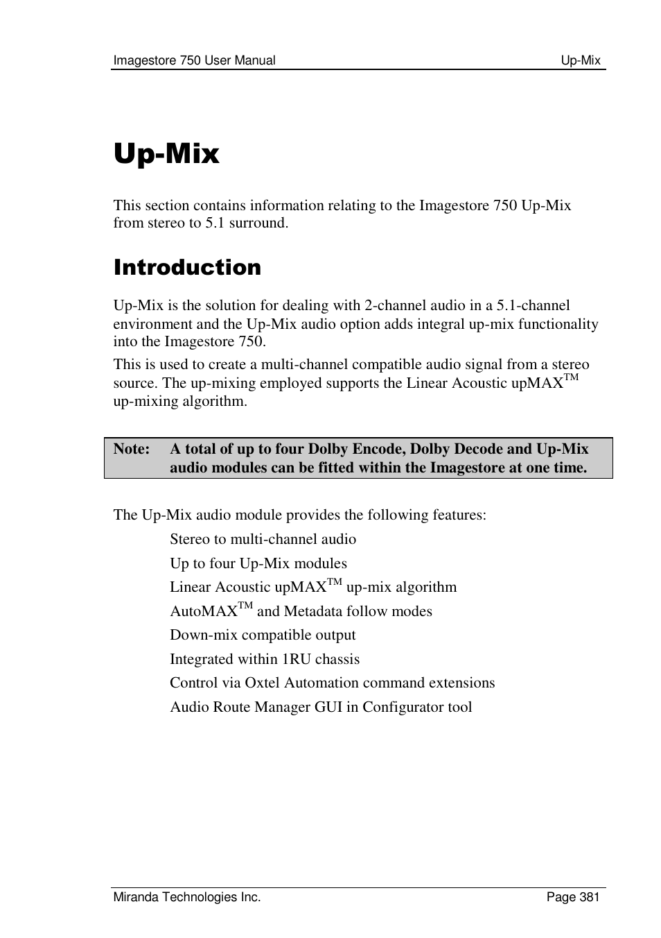 Up-mix, Introduction | Grass Valley Imagestore 750 v.2.0.1 User Manual | Page 381 / 421