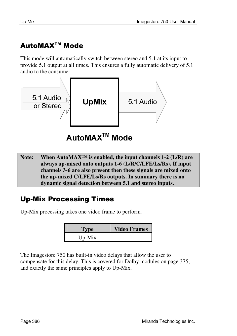 Automax, Mode, Up-mix processing times | Grass Valley Imagestore 750 v.2.0.1 User Manual | Page 386 / 421