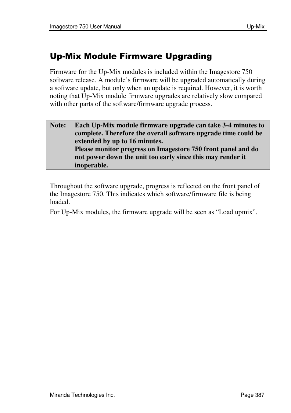 Up-mix module firmware upgrading | Grass Valley Imagestore 750 v.2.0.1 User Manual | Page 387 / 421
