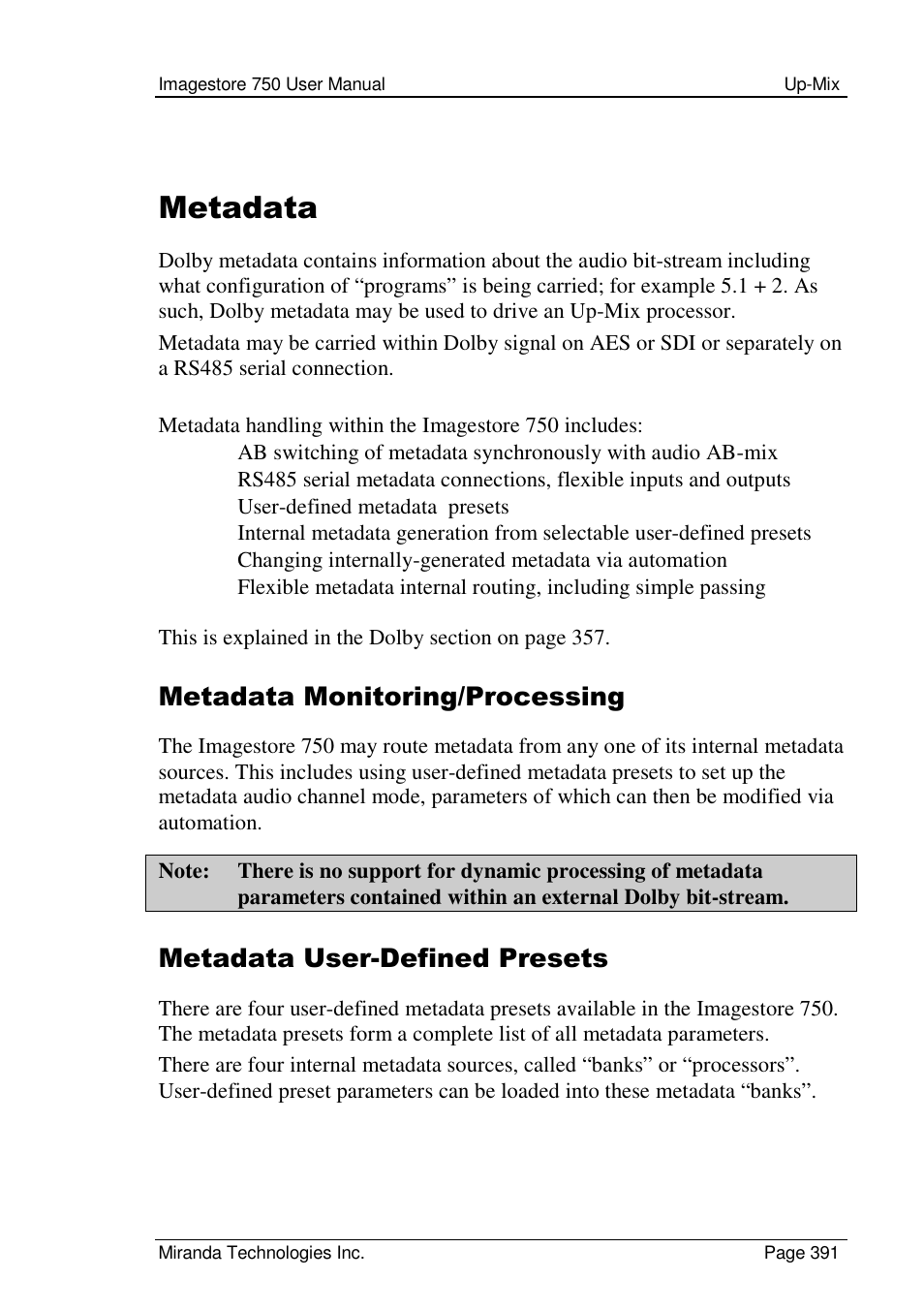 Metadata, Metadata monitoring/processing, Metadata user-defined presets | Grass Valley Imagestore 750 v.2.0.1 User Manual | Page 391 / 421