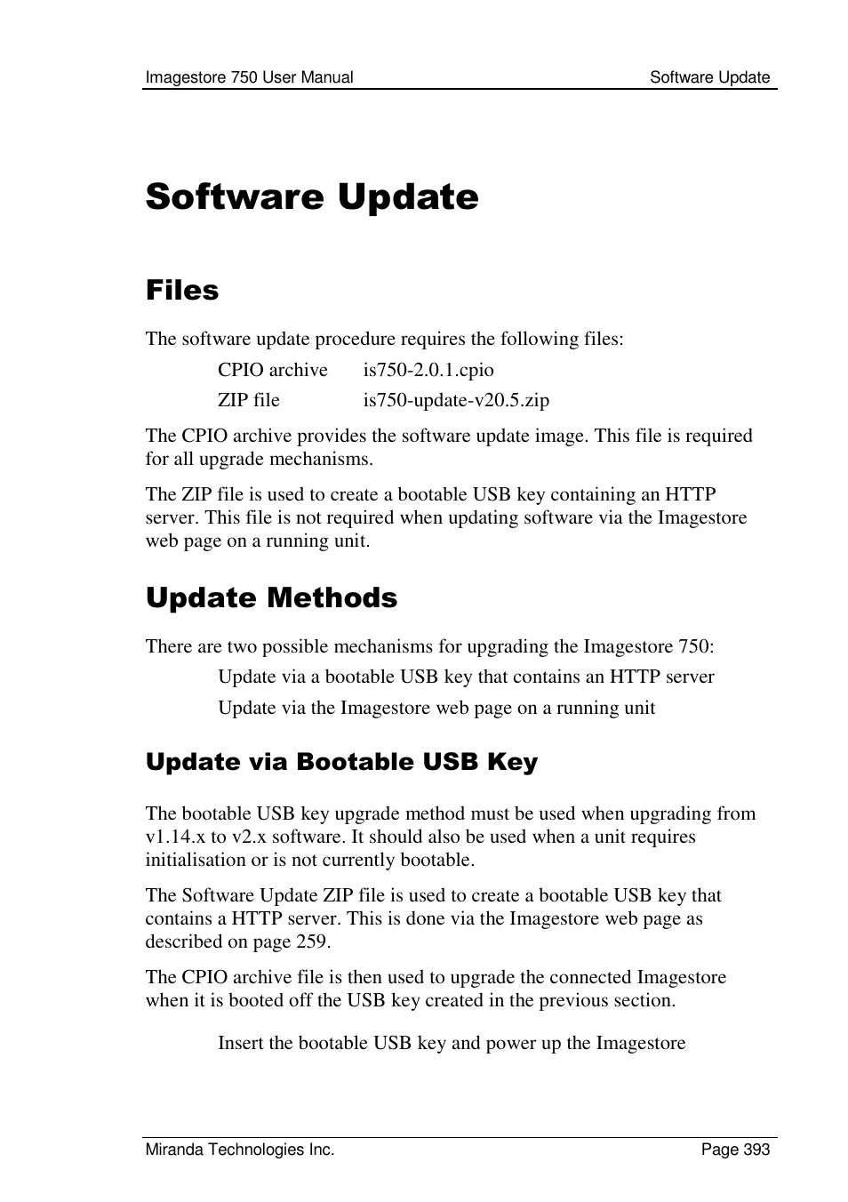 Software update, Files, Update methods | Update via bootable usb key | Grass Valley Imagestore 750 v.2.0.1 User Manual | Page 393 / 421